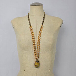 Elvira Gold Chunky Chain Green Polished Stone Pendant Long Necklace
